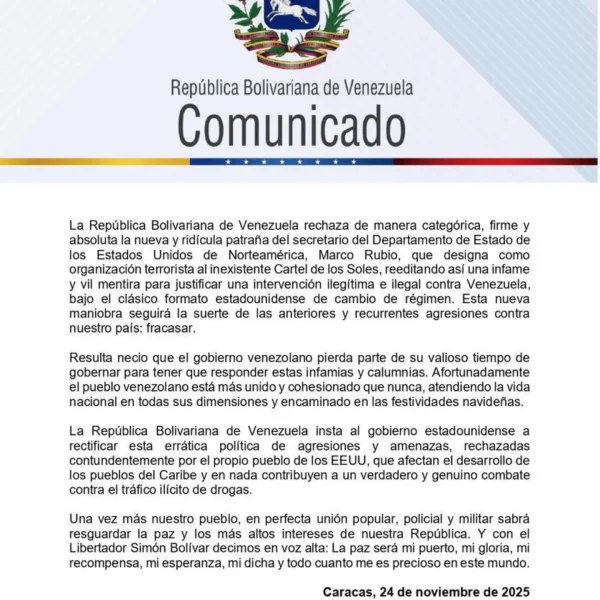Venezuela rechaza categóricamente maniobra de Estados Unidos sobre el inexistente “Cartel de los Soles”